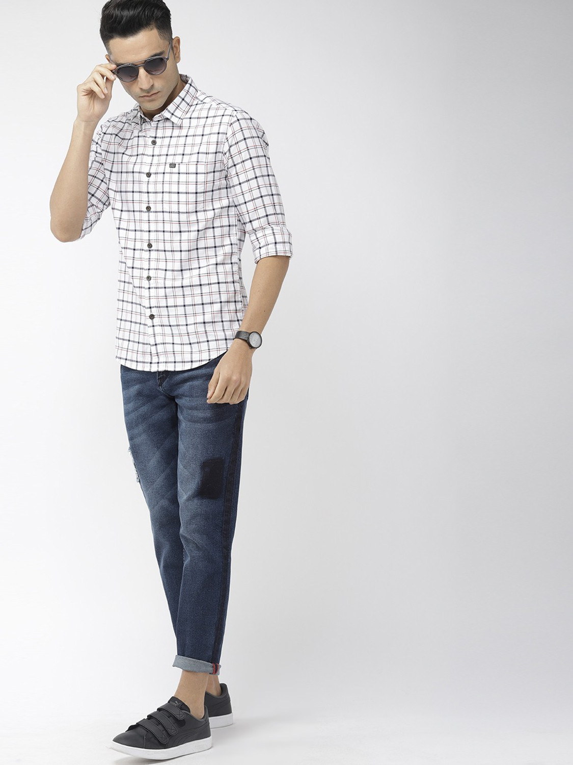Image of The Indian Garage Co. Men Checkered Casual White Shirt