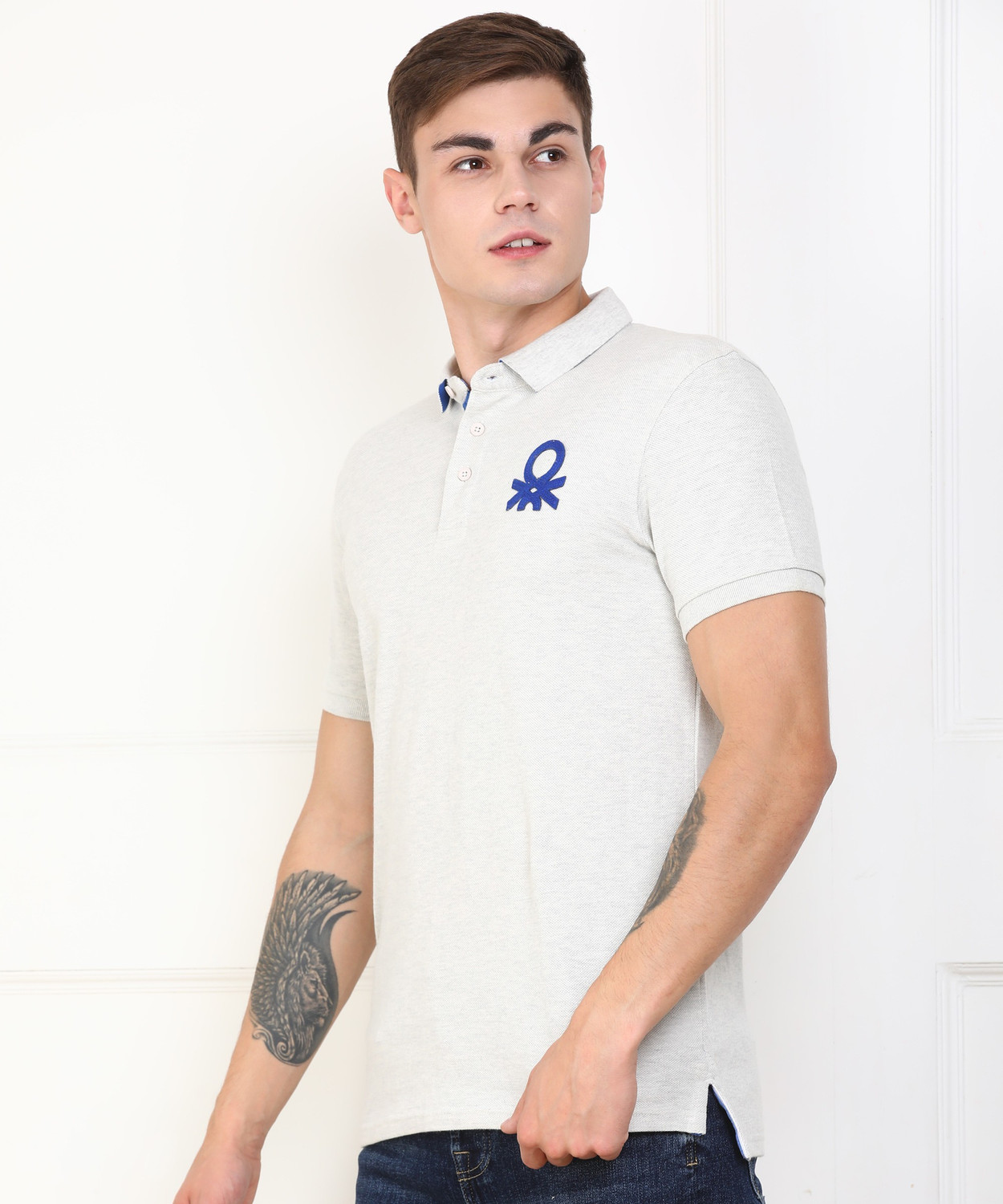 Image of United Colors of Benetton Solid Men Polo Neck White T-Shirt