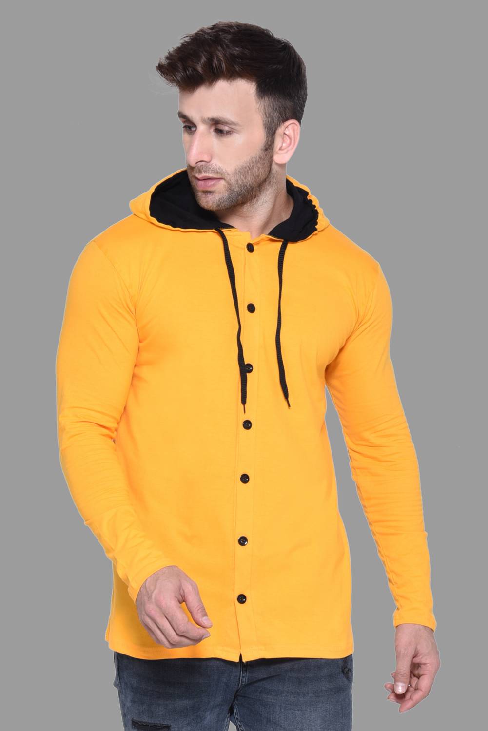 BEYOU FASHION Faizan Men Solid Hooded Neck Cotton Blend Yellow T-Shirt