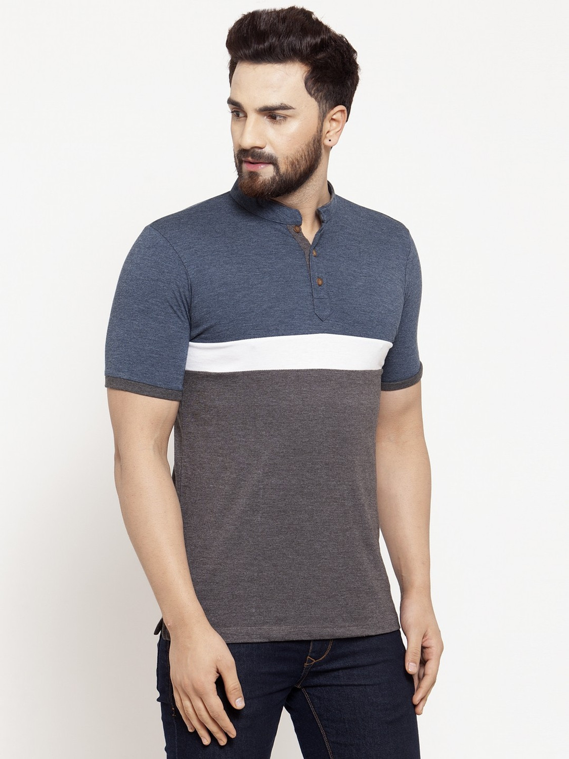Image of KALT Colorblock Men Mandarin Collar Multicolor T-Shirt