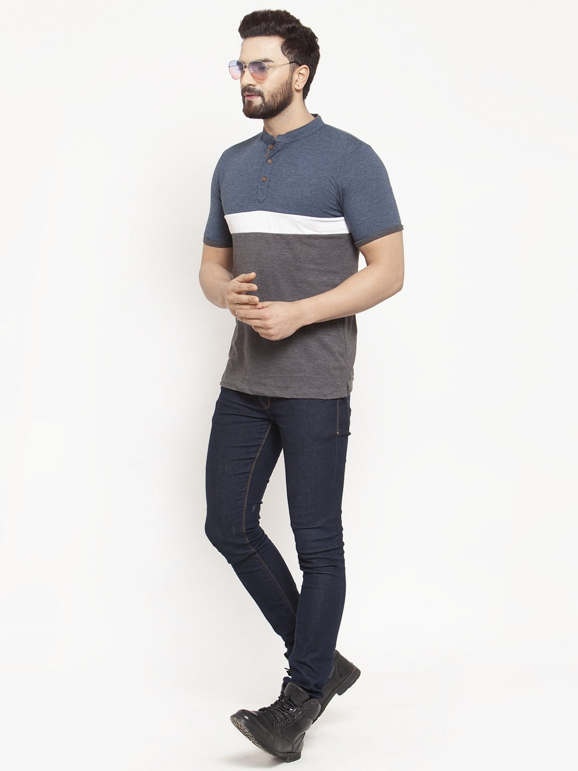 Image of KALT Colorblock Men Mandarin Collar Multicolor T-Shirt
