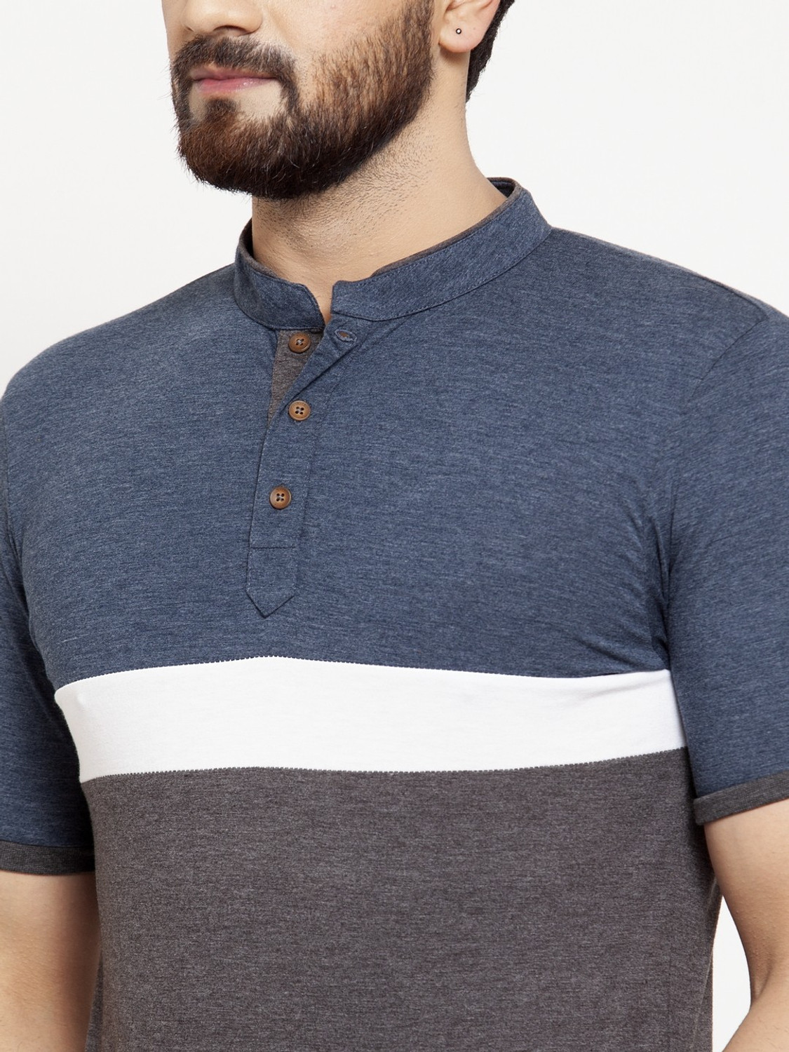 Image of KALT Colorblock Men Mandarin Collar Multicolor T-Shirt