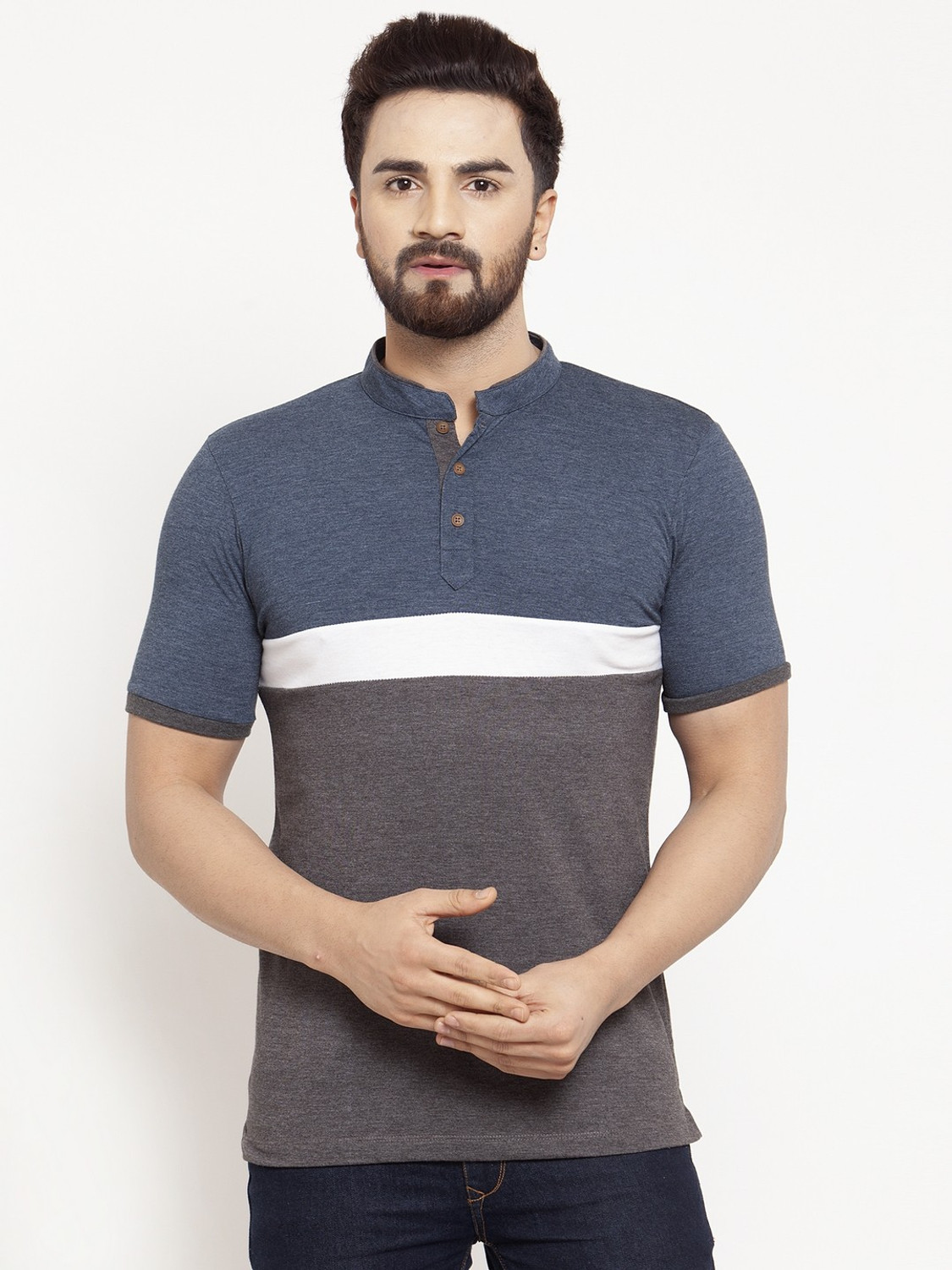 Image of KALT Colorblock Men Mandarin Collar Multicolor T-Shirt