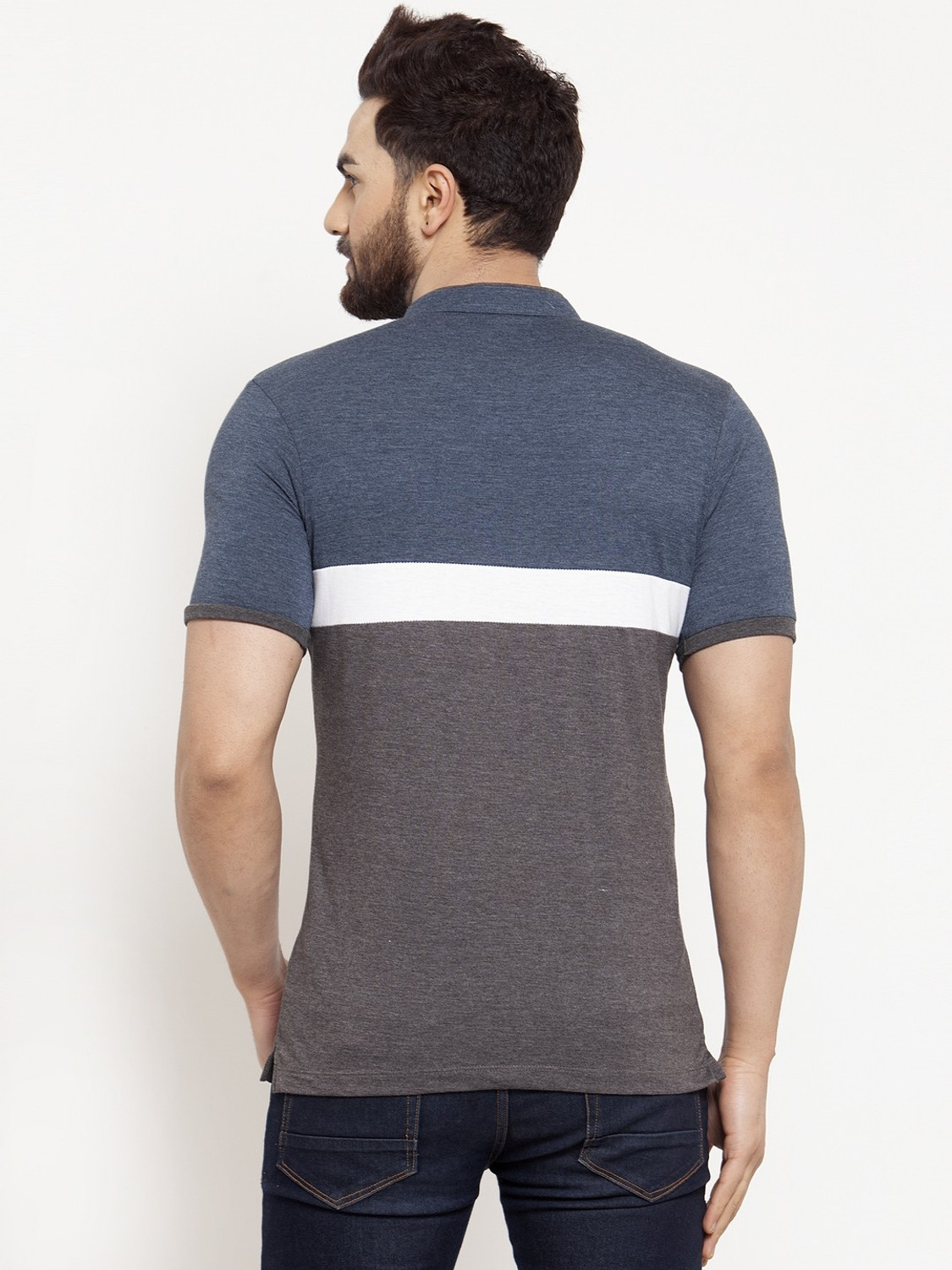 Image of KALT Colorblock Men Mandarin Collar Multicolor T-Shirt