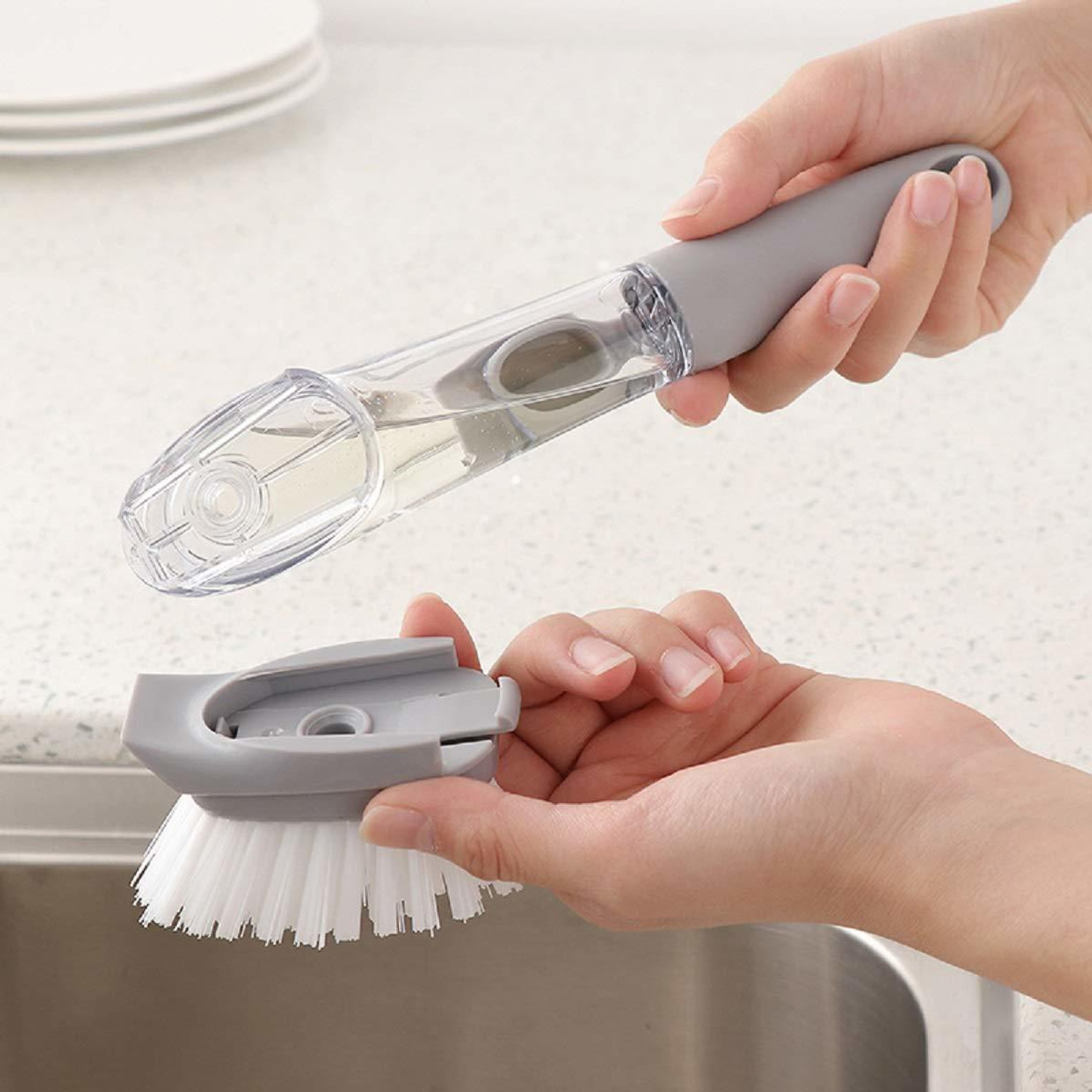 Image of Rexmon Kitchen Cleaning Brush Scrubber Dish Bowl Washing Sponge with Refill Liquid Soap Dispenser Kitchen Pot Cleaner Plastic Wet and Dry Brush