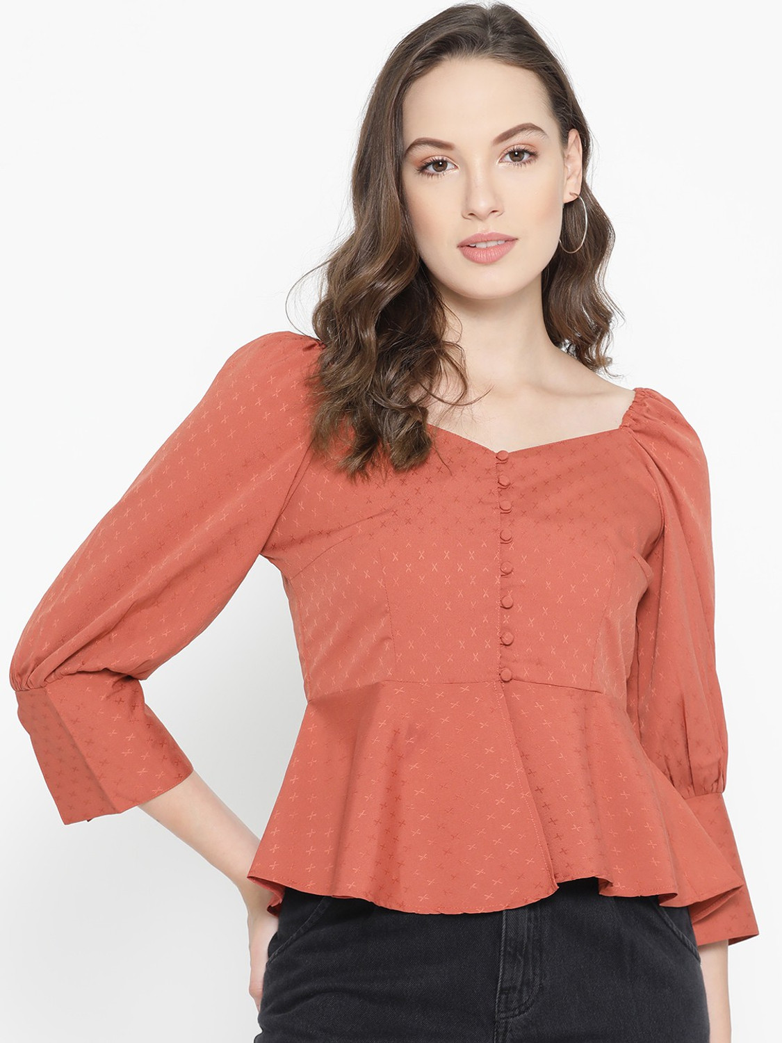 Image of CARLTON LONDON Casual 3 /4 Sleeve Self Design Women Orange Top
