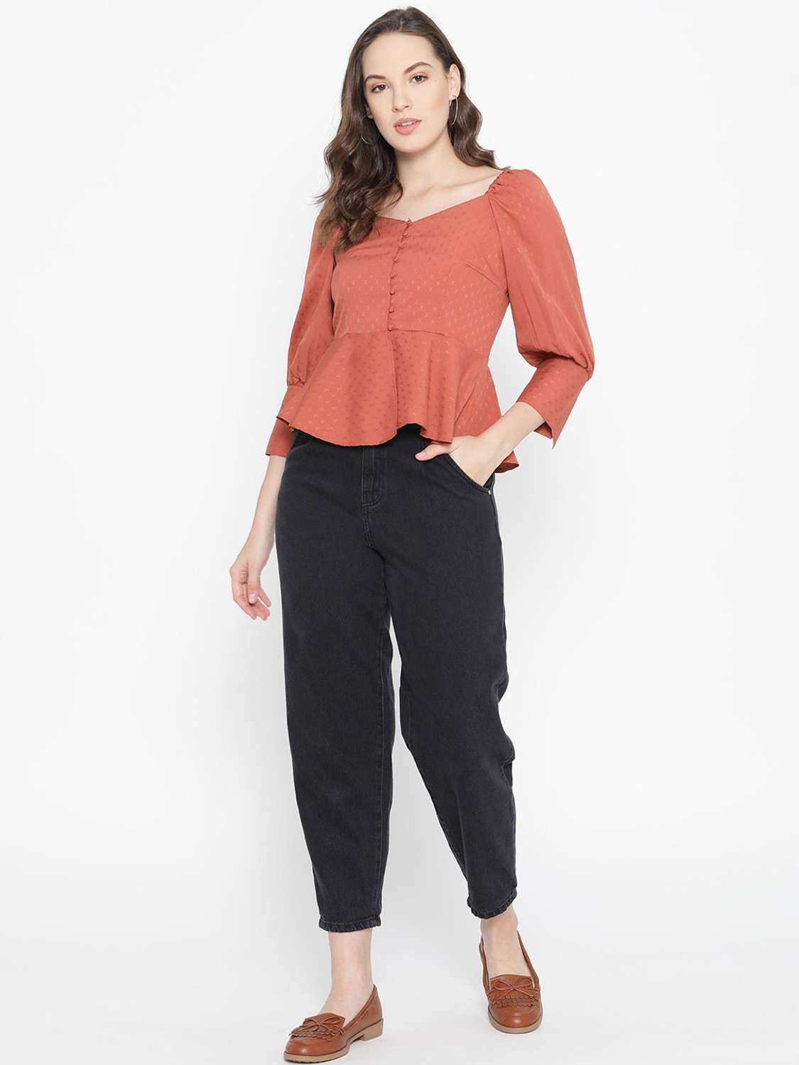 Image of CARLTON LONDON Casual 3 /4 Sleeve Self Design Women Orange Top