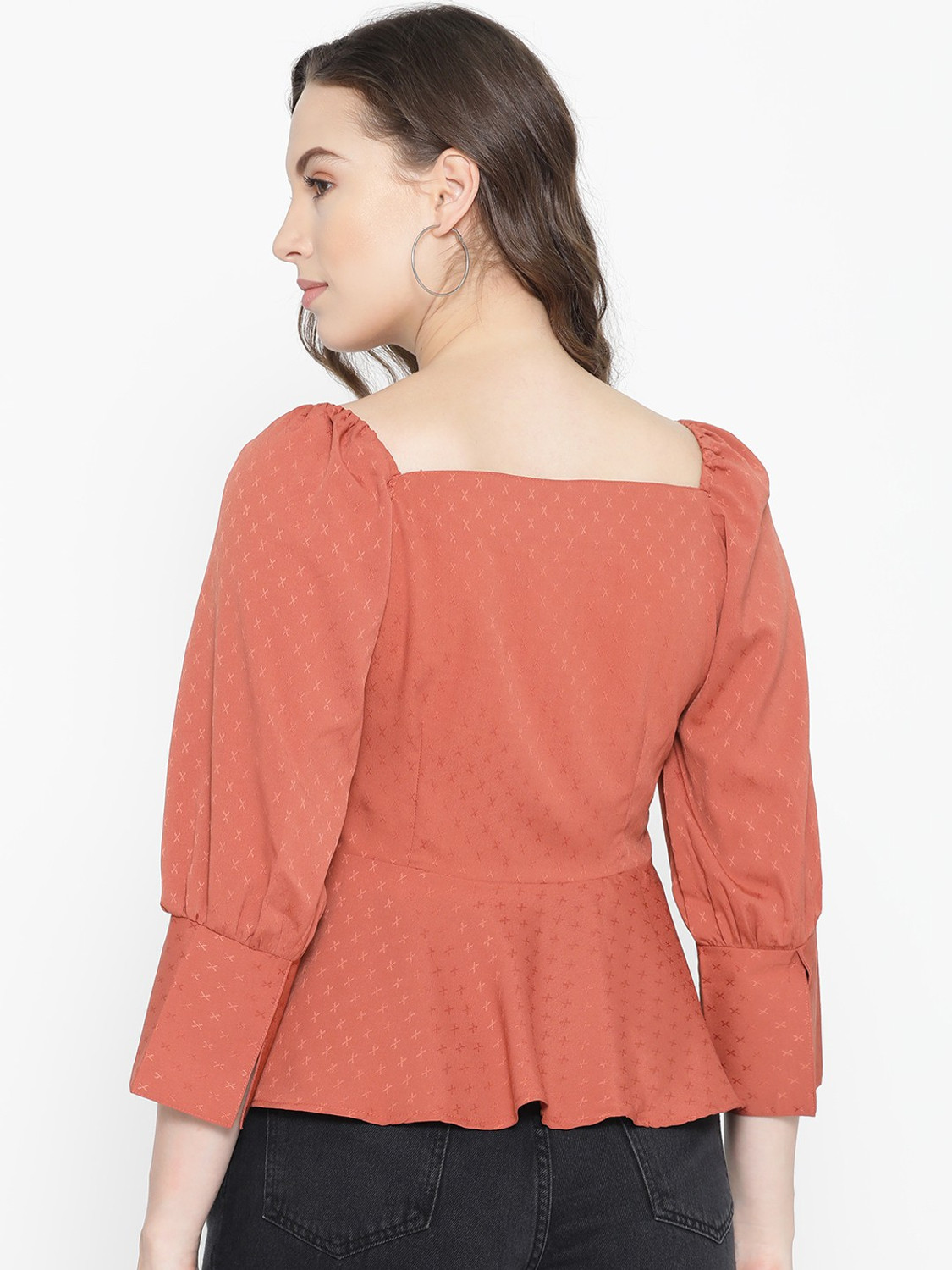 Image of CARLTON LONDON Casual 3 /4 Sleeve Self Design Women Orange Top