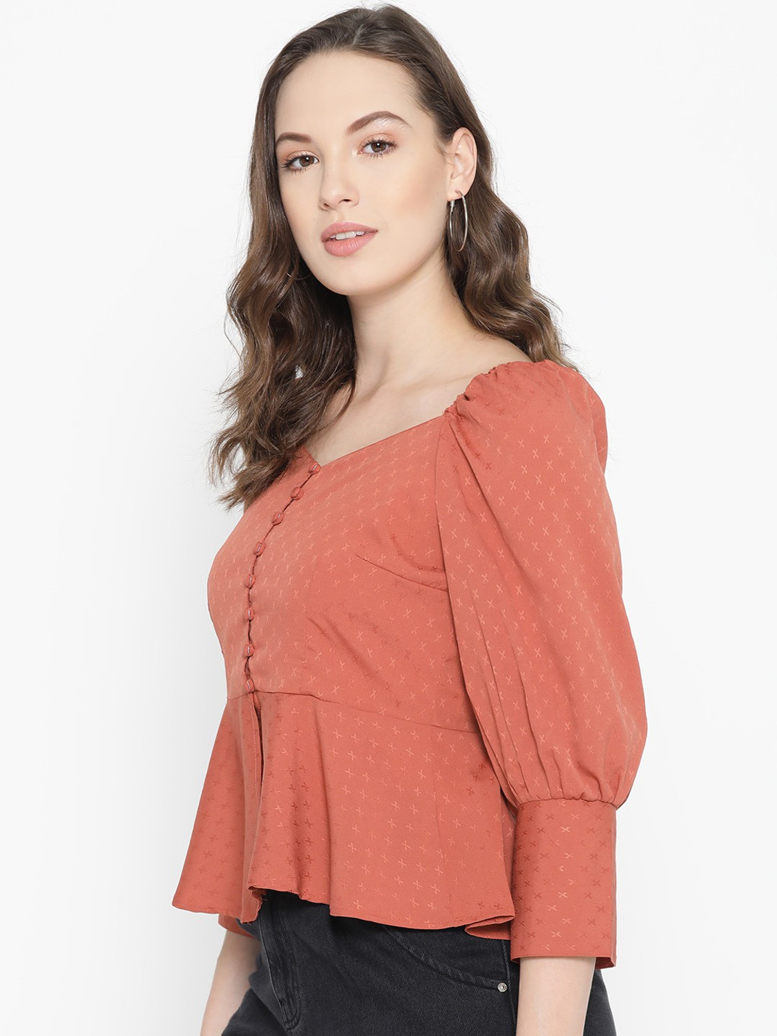 Image of CARLTON LONDON Casual 3 /4 Sleeve Self Design Women Orange Top