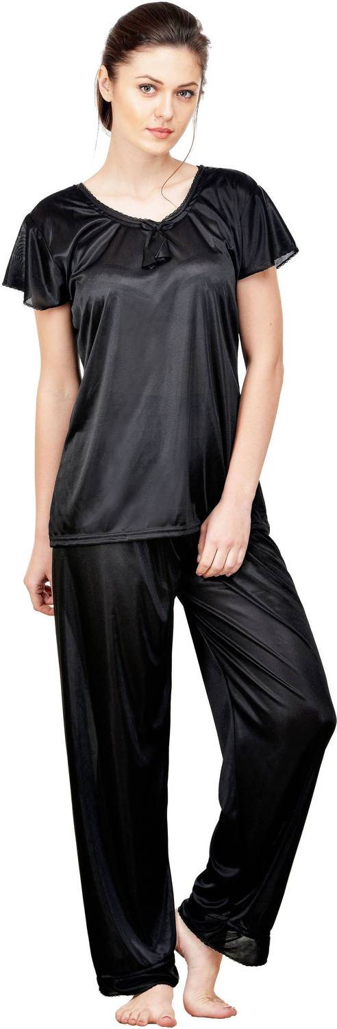 ROWENA Women Solid Black Top & Pyjama Set