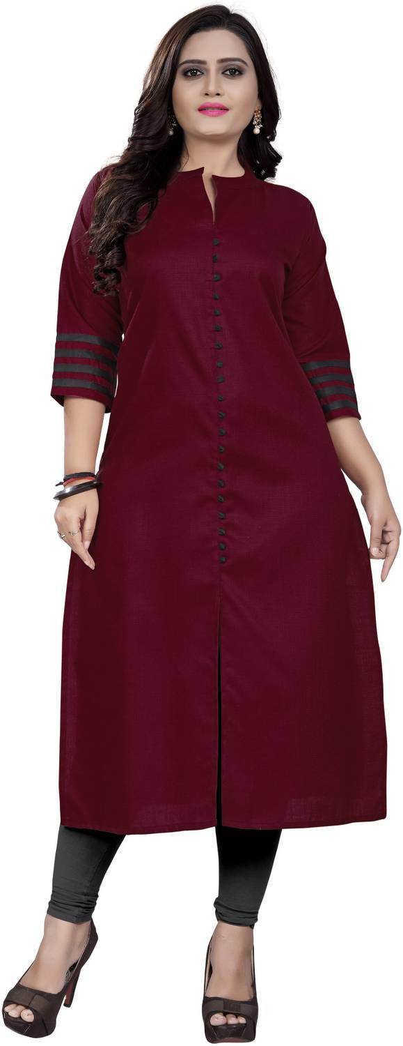 amar tex Women Solid Cotton Blend Straight Kurta (Maroon)