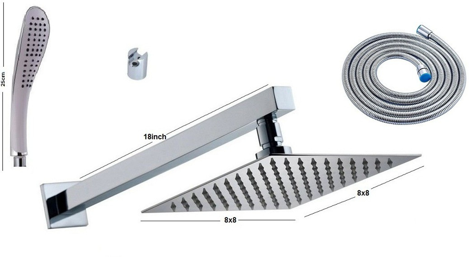 Image of Prestige 8x8 Ultra Slim Rain Shower Head with 18inch Arm Plus Fish Hand Rain Shower with 1mtr SS Tube and Wall Hook��(Chrome) Wall Mounted
