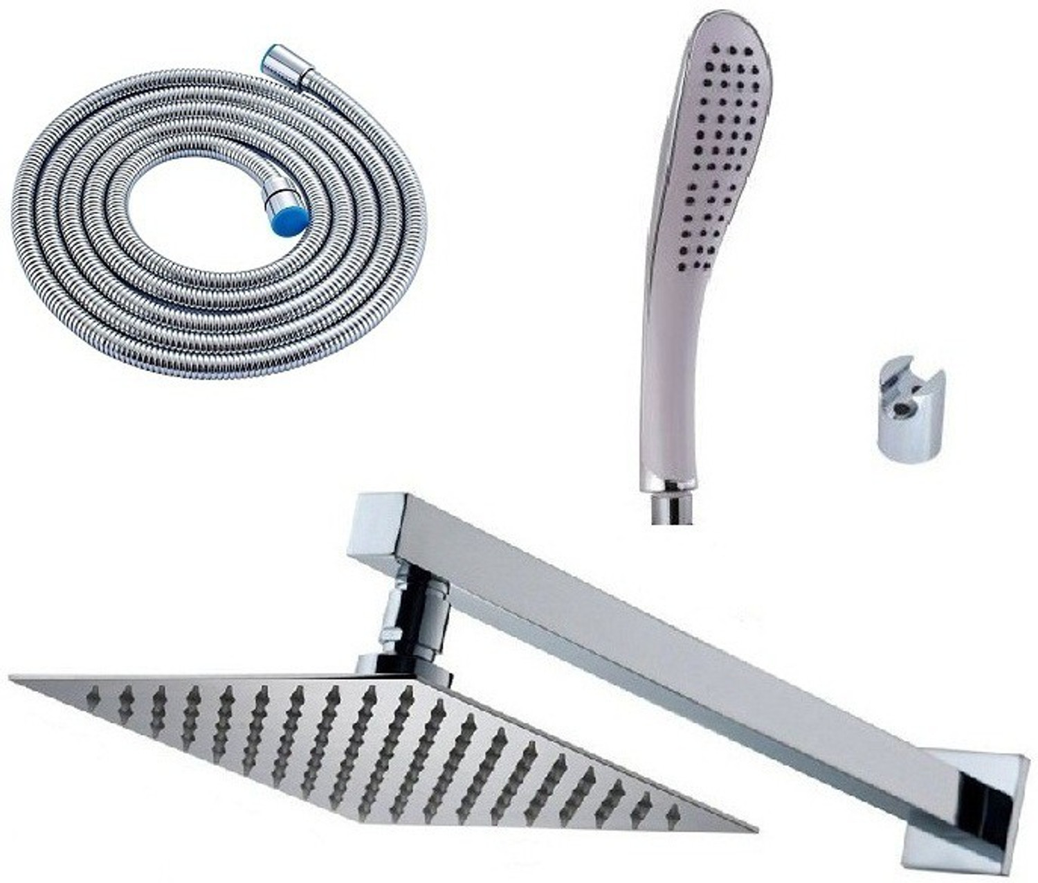 Image of Prestige 8x8 Ultra Slim Rain Shower Head with 18inch Arm Plus Fish Hand Rain Shower with 1mtr SS Tube and Wall Hook��(Chrome) Wall Mounted