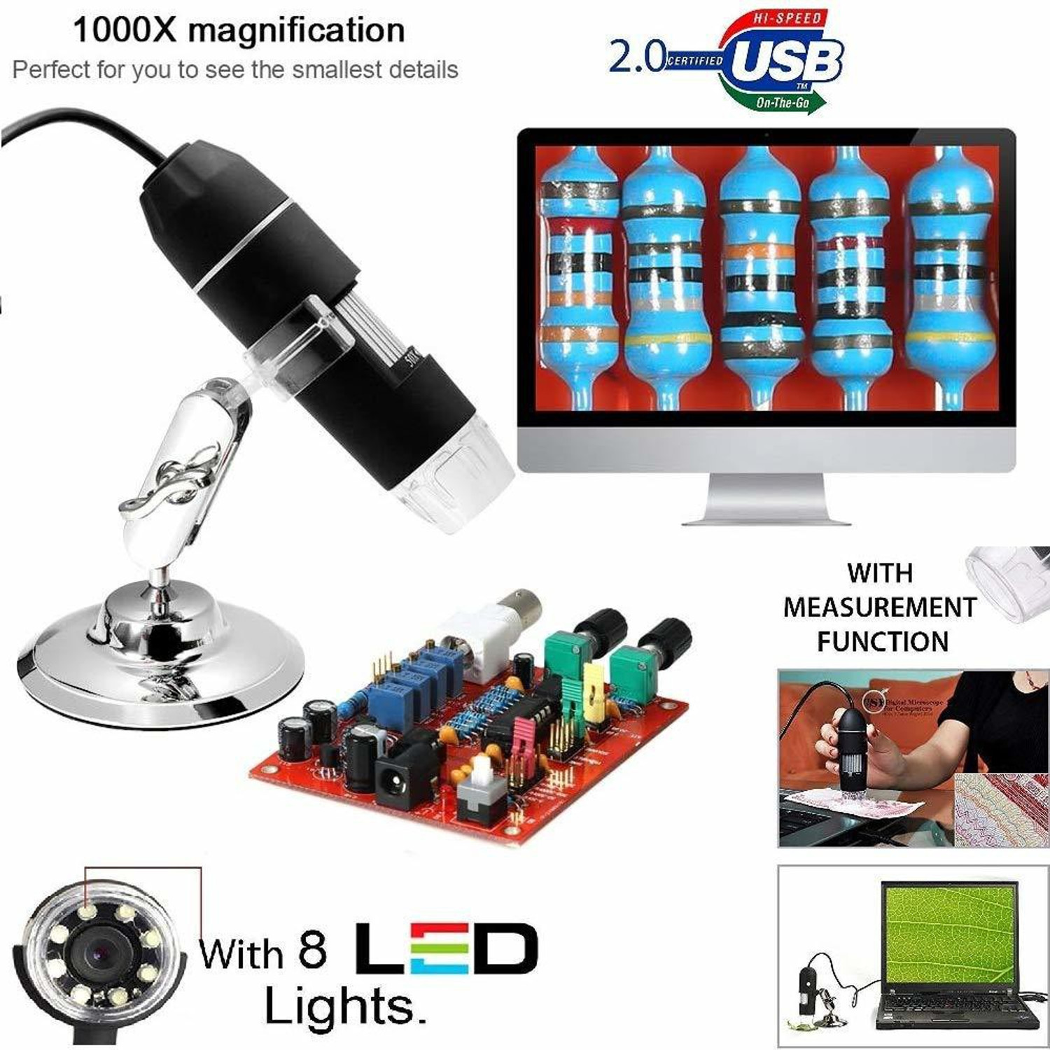 Image of VIBOTON 1000x 2MP 8 LED USB Portable Digital Microscope / Dermascope / Endoscope Zoom Camera Magnifier +Stand (Windows 8 - 1000x) (Black)