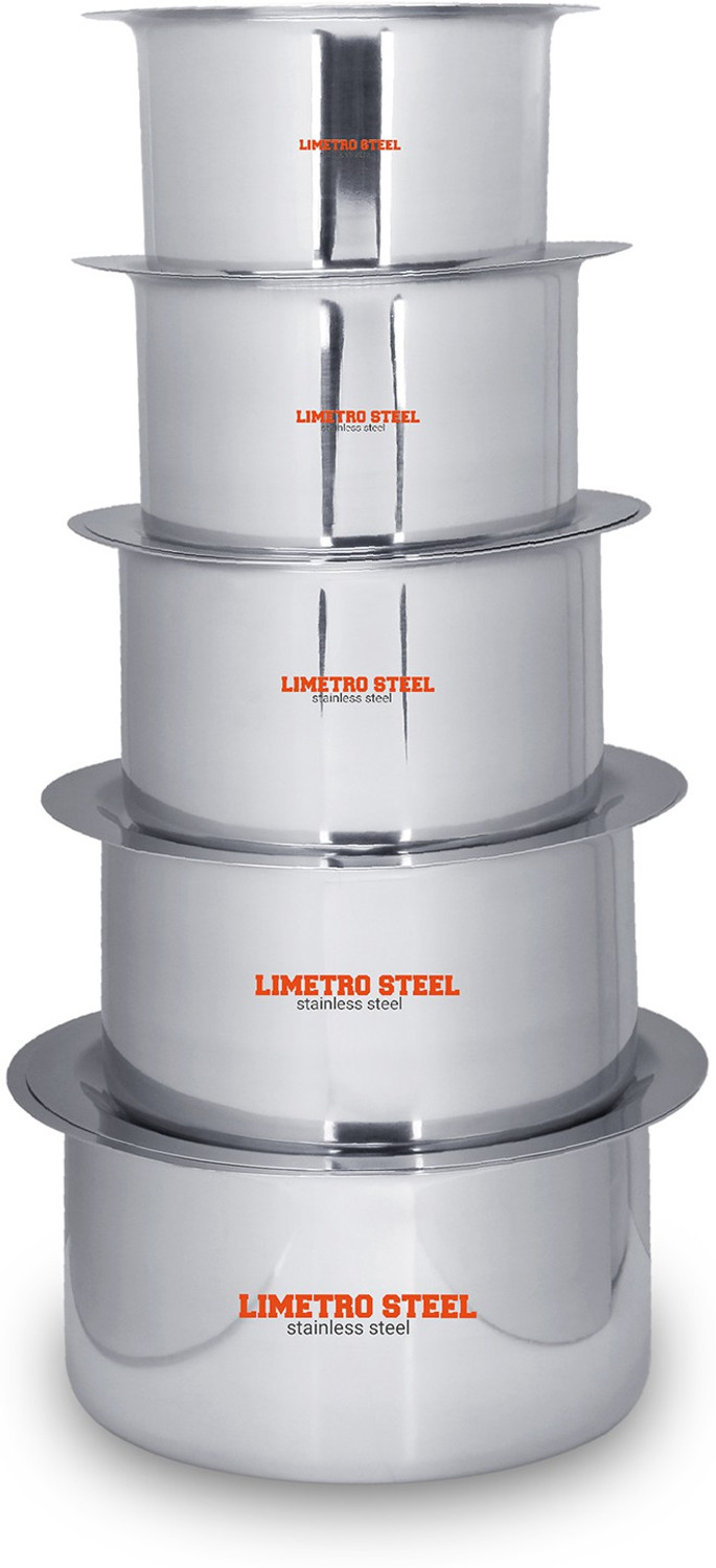Image of LIMETRO STEEL High Quality Stainless Steel Heavy 22 Gauge Cook and Serve Use Steel tope set with lid Tope /Bhagona /Patila Set with Lid 1 L, 1.5 L, 2 L, 2.5 L, 3 L capacity 25 cm diameter