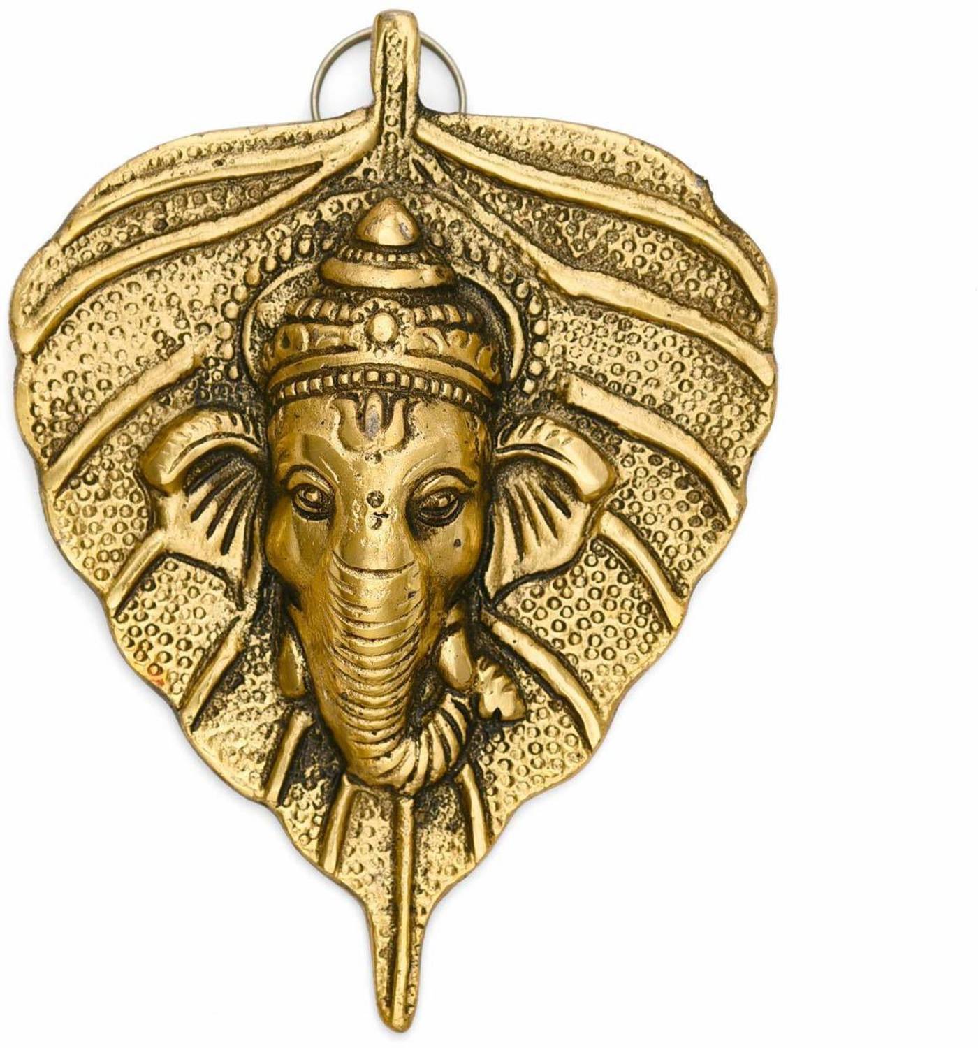 KridayKraft Metal Golden Ganesha On Leaf Wall Hanging Sculpture Lord Ganesh Idol Ganpati Lucky Feng Shui Wall Arts Decorative Showpiece - 14 cm