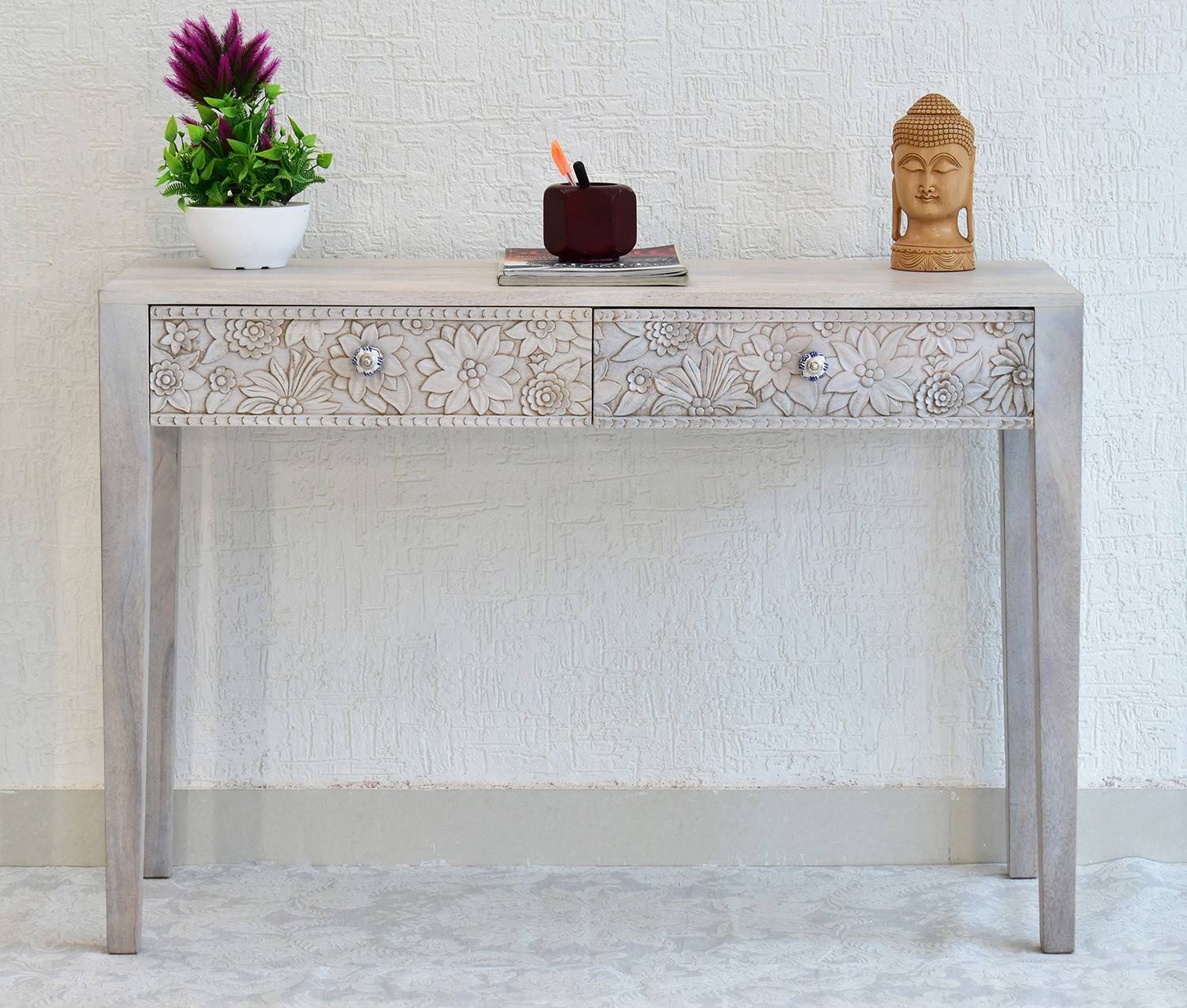 SamDecors Solid Wood Two Drawer Evan Carving Console Hall Table W