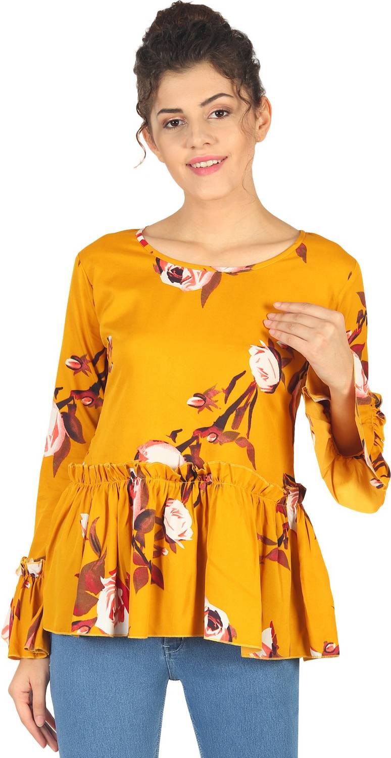 Asad Fashion Casual Bell Sleeve Printed Women Yellow Top