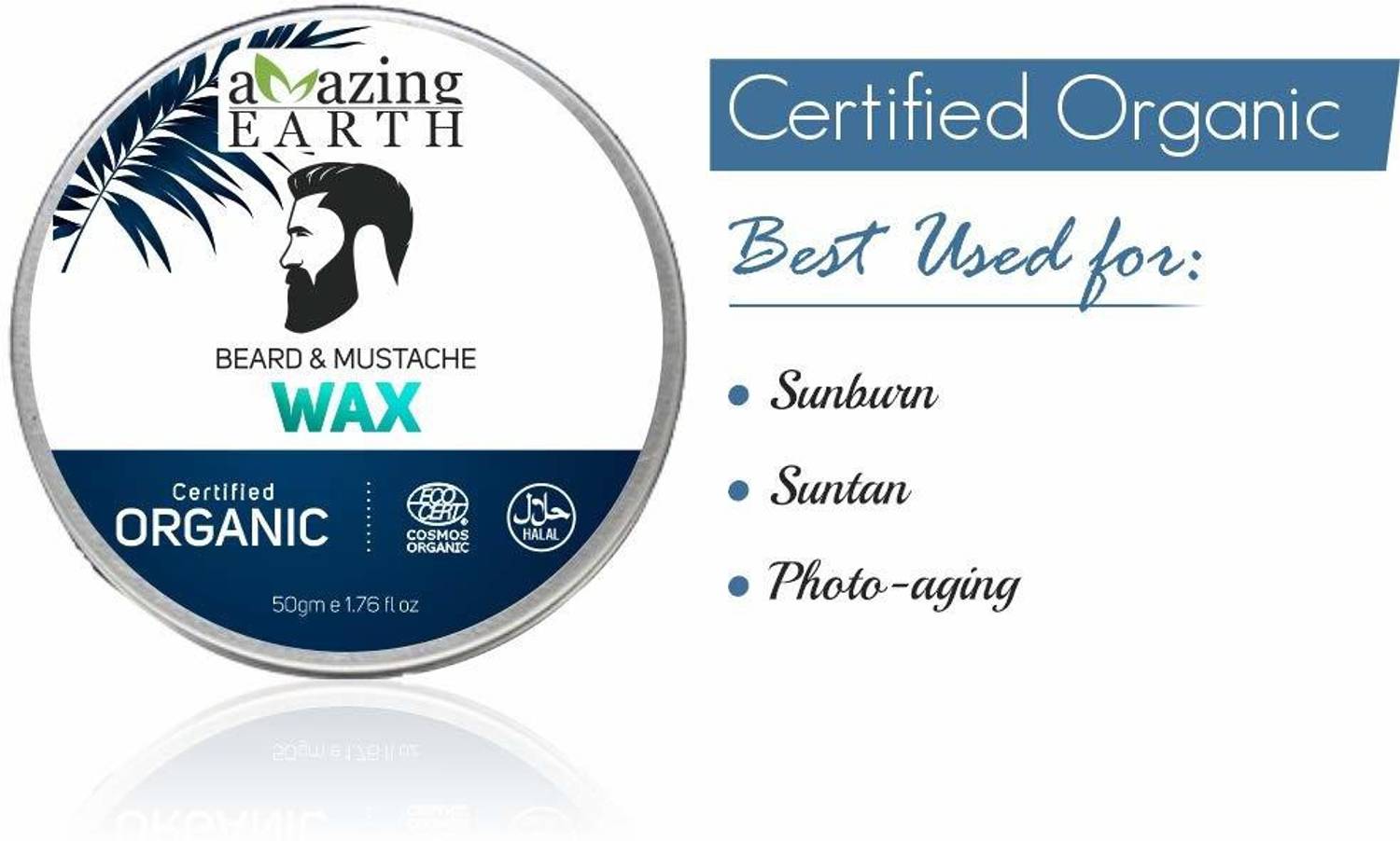 Amazing Earth Beard & Mustache Wax for Men - Certified Organic, Strong Hold, Styling, No Minerals, Chemical-Free, Shea Butter, 100% Vegan & Cruelty Free - 50gm Hair Wax
