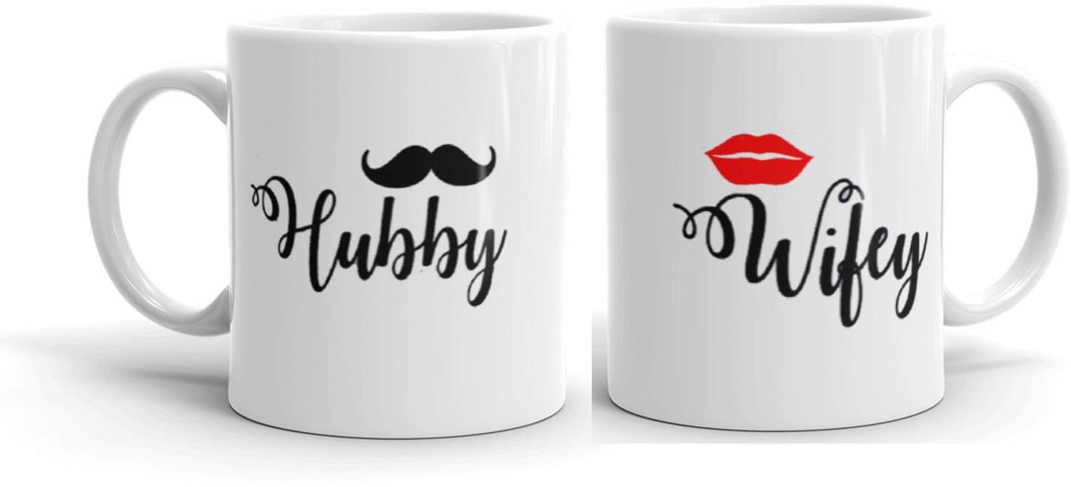 Becher Hubby and Wifey Multicolour Printed Coffee &Tea Cup Set of 2 Gift for Husband, Wife Ceramic Coffee Mug