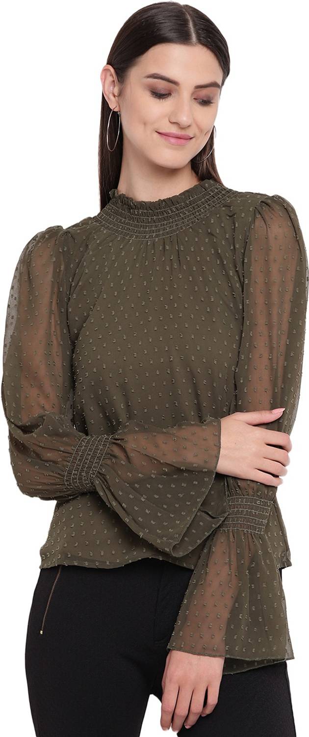 AKIMIA Casual Bell Sleeve Solid Women Green Top