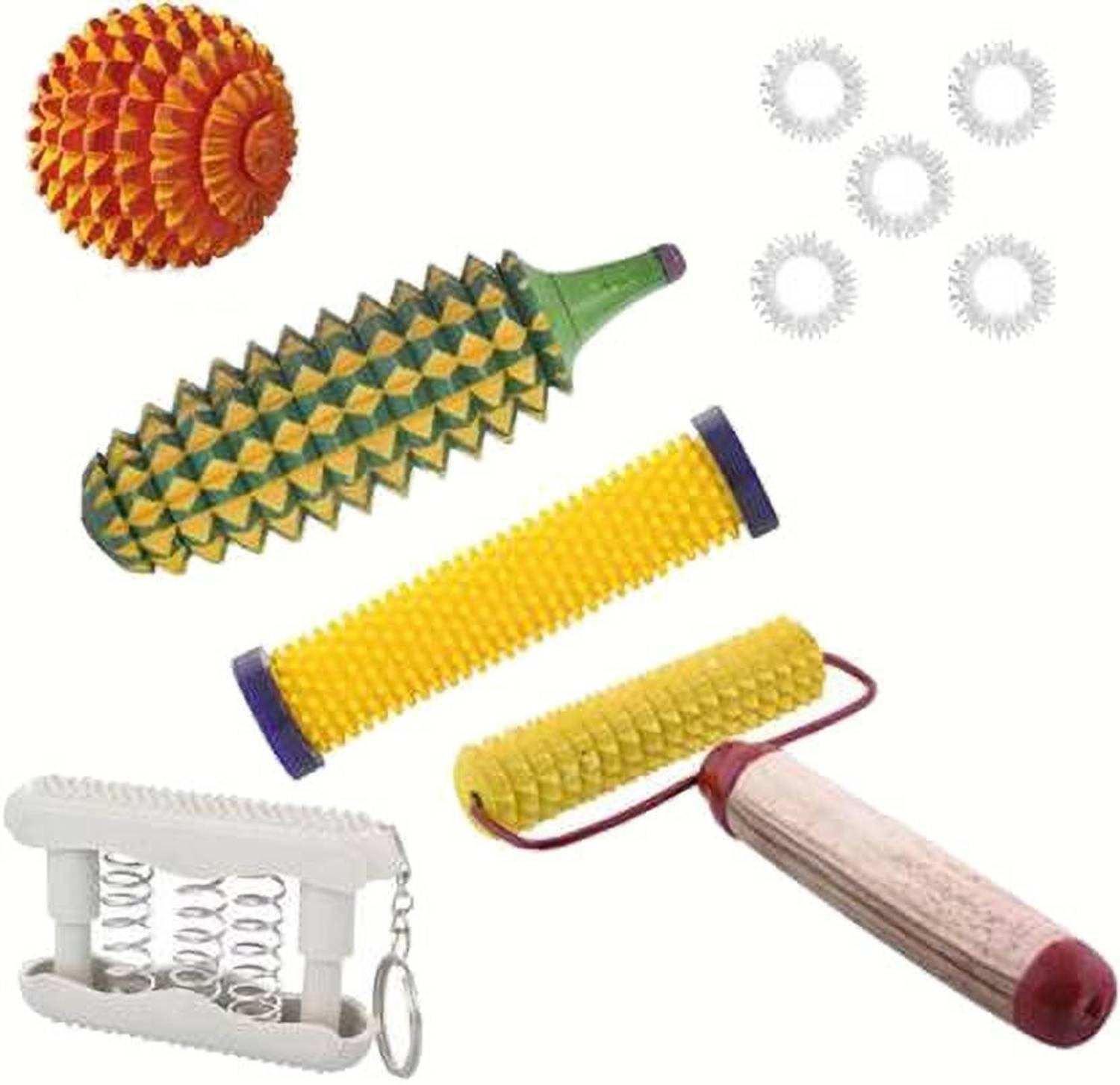 Acufit ACU080 Acupressure Massager Tools Combo Kit With Wooden Handle Roll + Energy Roll - Soft + Pocket Exerciser + Wooden Karela + Wooden Ball + 5 Pc Massage Rings For Stress And Pain Relief Acupressure Tool Kit Massager