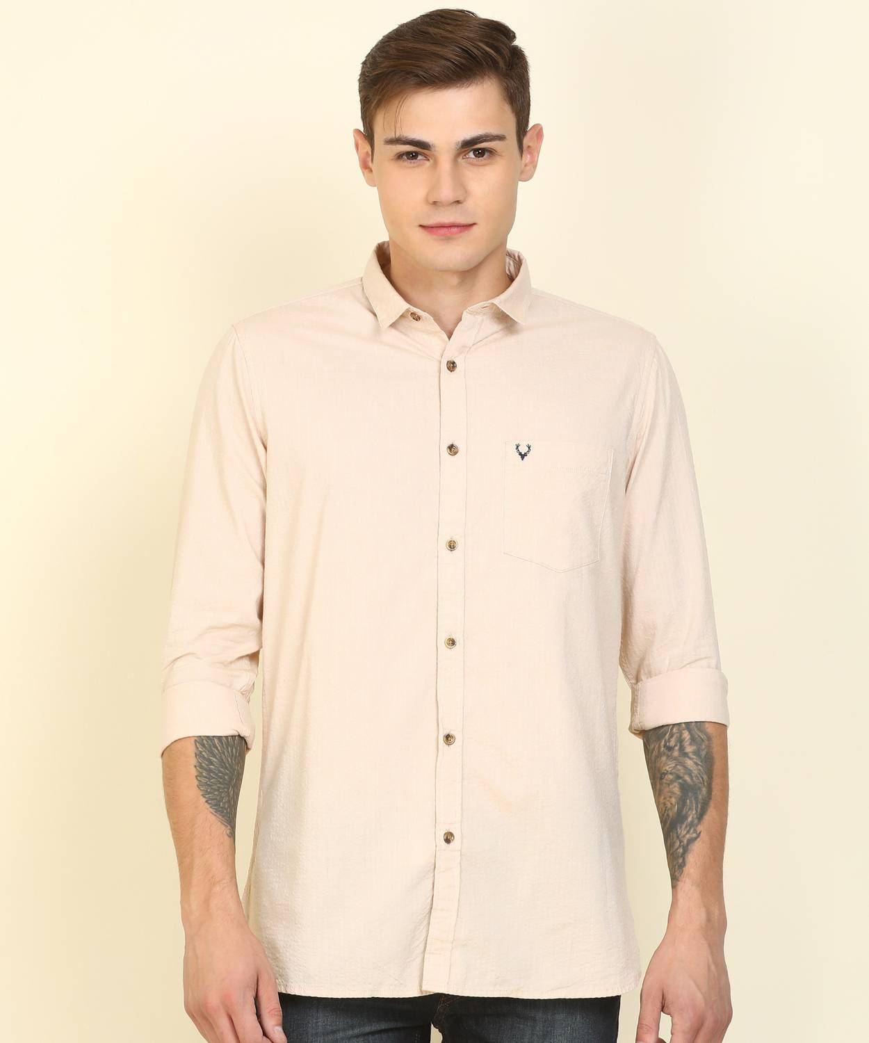 Allen Solly Men Striped Casual Beige Shirt