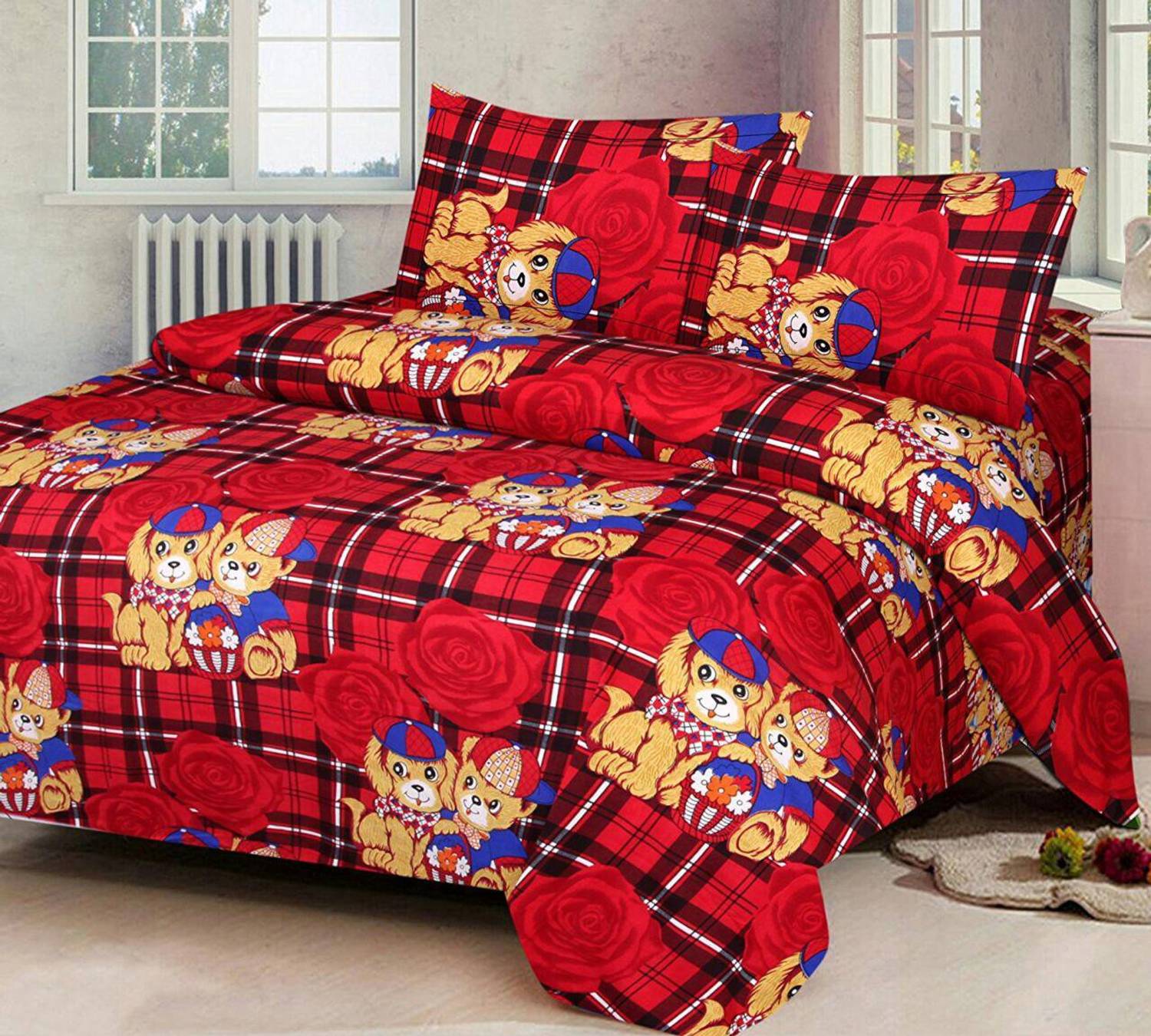 Axosoft Polycotton Queen Flat 300 TC Cartoon 1 Bedsheet with 2 Pi