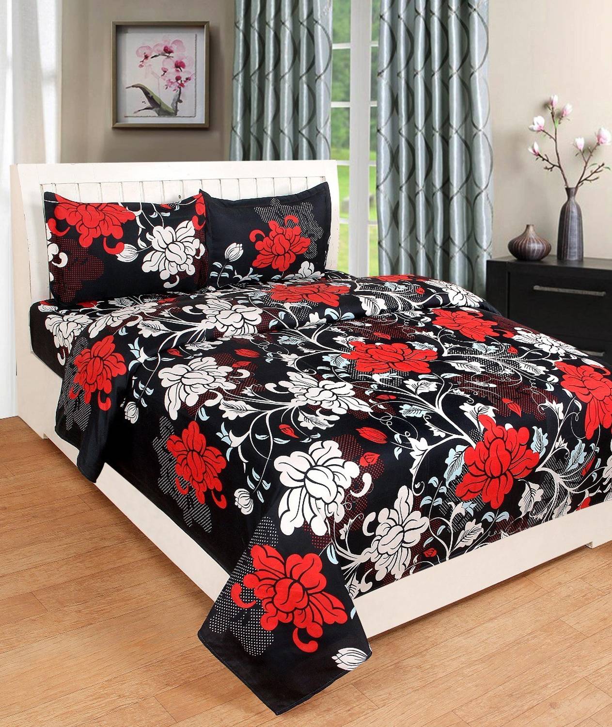 BLUEBERRY Cotton Queen Flat 150 TC Printed 1 Bedsheet with 2 Pillow Covers