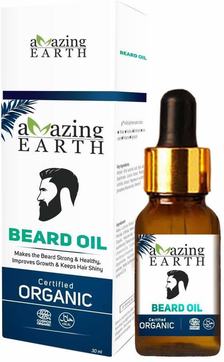 Amazing Earth Beard Oil for Men - Certified Organic, Hair Growth Oil, Non-Sticky, Conditioning, No Minerals, No Silicone, Vegan & Cruelty Free - 30ml Hair Oil