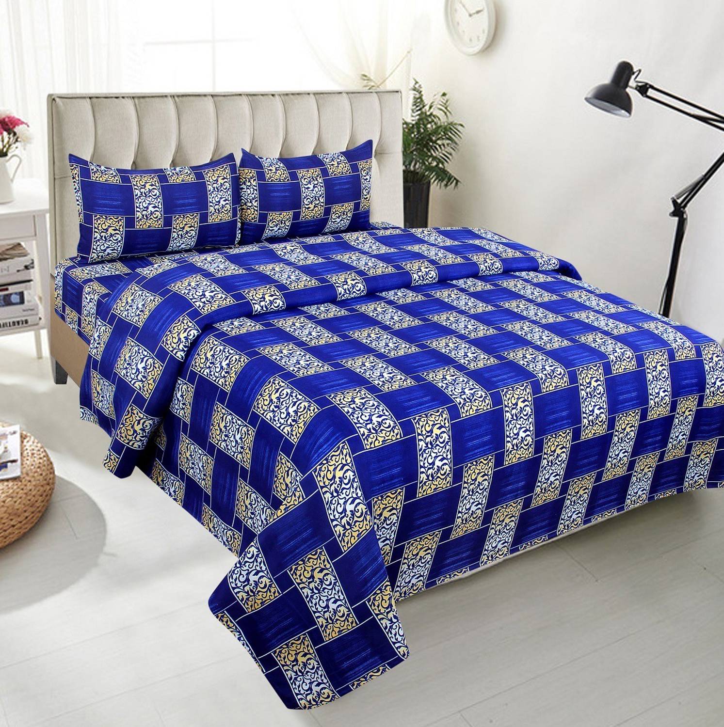 AAKARSH INTERNATIONAL Polycotton Double Flat 180 TC 3D Printed 1 Bedsheet with 2 Pillow Covers