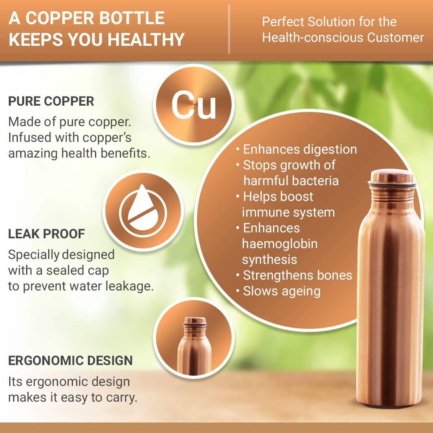Image of Klick N Shop 100% pure copper water bottle 1000 ml Copper Bottle