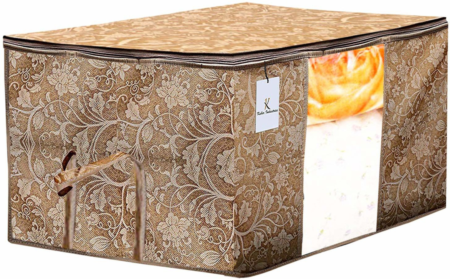 Image of KUBER INDUSTRIES Designer Metalic Printed 2 Piece Non Woven Fabric Underbed Storage Bag,Cloth Organiser,Blanket Cover with Transparent Window, Beige & Red -CTKTC41046 041046