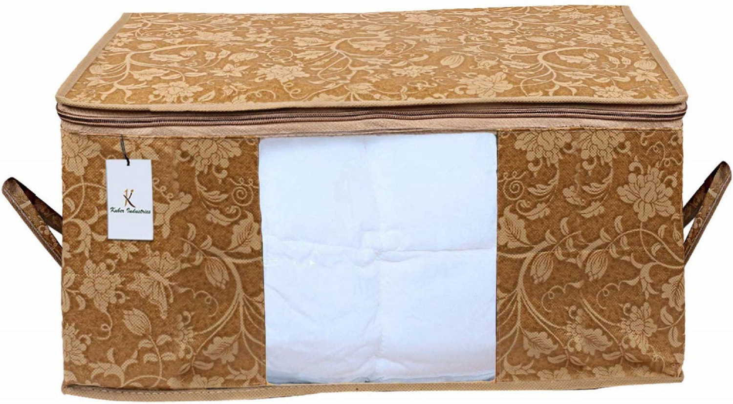 Image of KUBER INDUSTRIES Designer Metalic Printed 2 Piece Non Woven Fabric Underbed Storage Bag,Cloth Organiser,Blanket Cover with Transparent Window, Beige & Red -CTKTC41046 041046