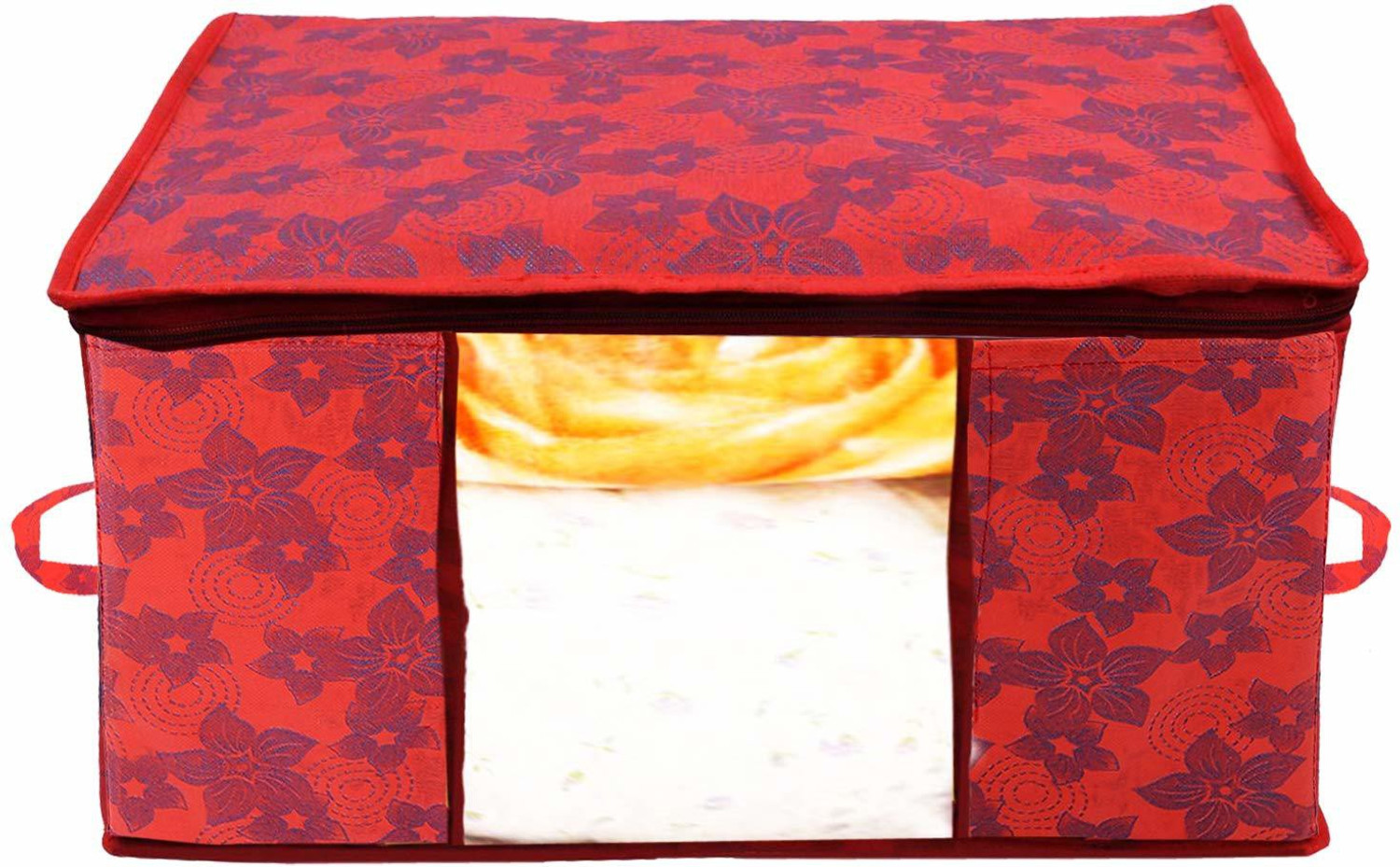 Image of KUBER INDUSTRIES Designer Metalic Printed 2 Piece Non Woven Fabric Underbed Storage Bag,Cloth Organiser,Blanket Cover with Transparent Window, Beige & Red -CTKTC41046 041046