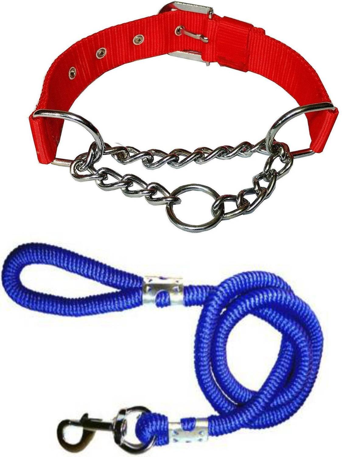 BODY BUILDING Dog Belt Combo of Red Choke Collar with Blue Lead 1.5m Lengthy Dog Collar & Leash