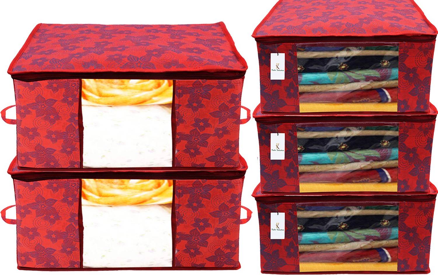 Billion Designer Metallic Printed Non Woven 3 Pieces Saree Cover And 2 Pieces Underbed Storage Bag, Cloth Organizer For Storage, Blanket Cover Combo Set (Red) -BILLION38550 BILLION038550