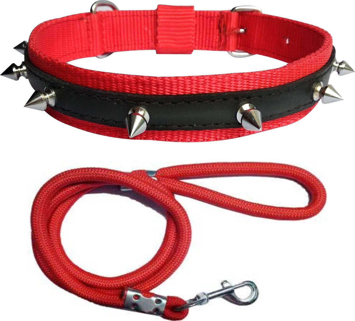 BODY BUILDING Dog Belt Combo of Red Nylon Spike Collar with Red Lead 1.5m Lengthy Dog Collar & Leash