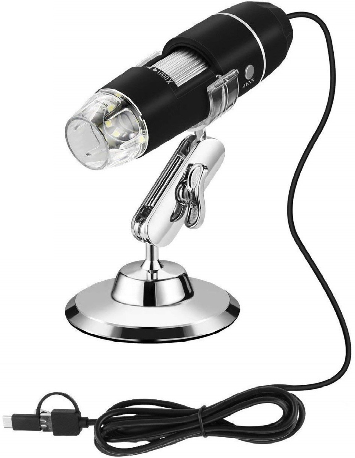 Image of microware 3 in 1 50 to 1000x Magnification USB Digital Microscope, Endoscope with 2.0MP Camera 8 LEDs Stand Holder for Android Phone Tablet, Windows and MacBook OS Computer Cross-polarised Light Dermatoscope