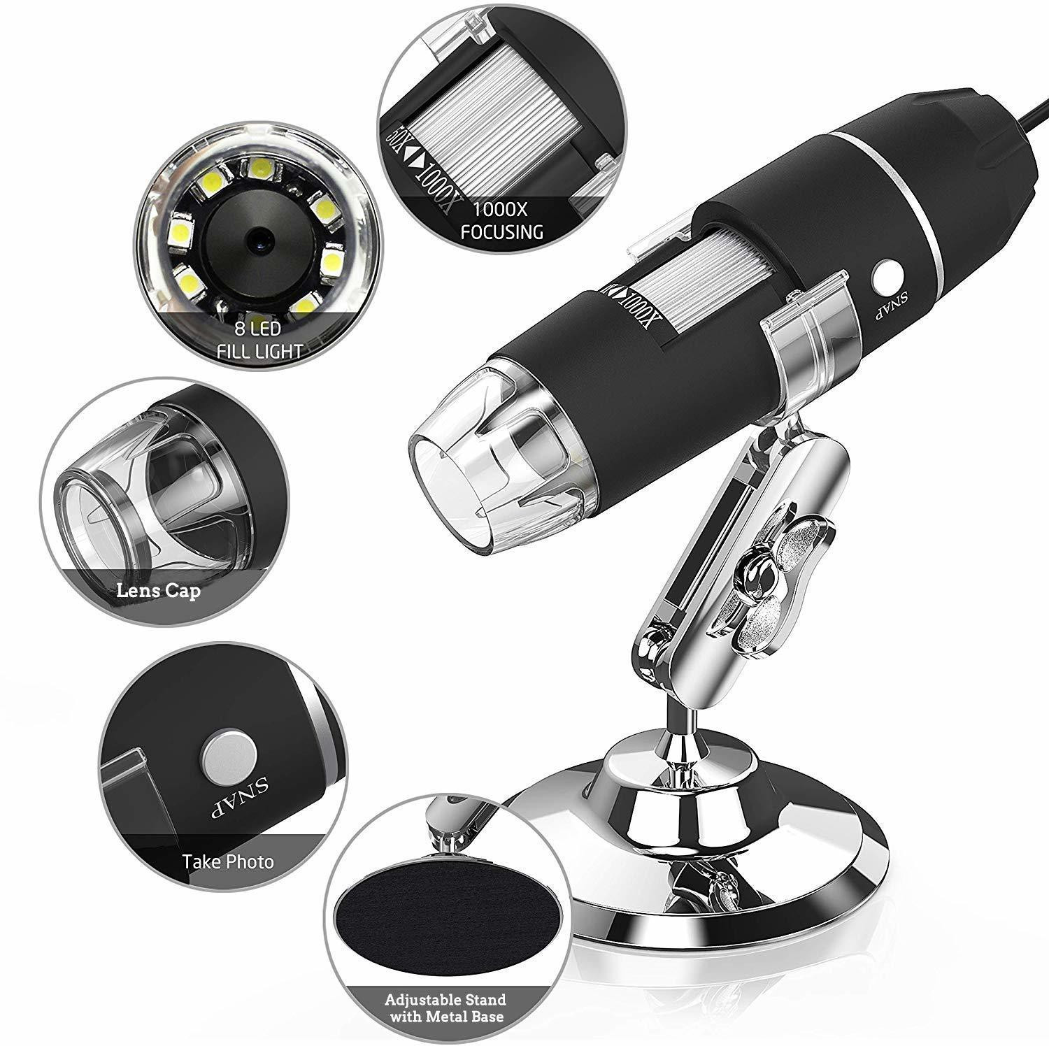 Image of microware 3 in 1 50 to 1000x Magnification USB Digital Microscope, Endoscope with 2.0MP Camera 8 LEDs Stand Holder for Android Phone Tablet, Windows and MacBook OS Computer Cross-polarised Light Dermatoscope