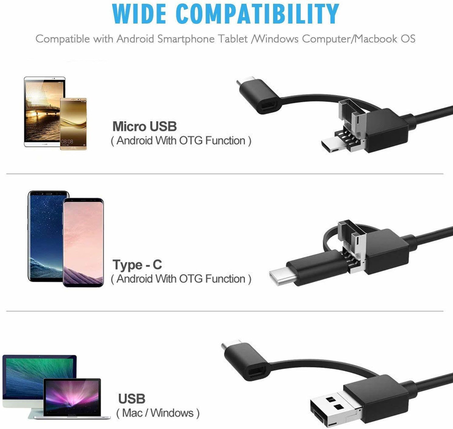 Image of microware 3 in 1 50 to 1000x Magnification USB Digital Microscope, Endoscope with 2.0MP Camera 8 LEDs Stand Holder for Android Phone Tablet, Windows and MacBook OS Computer Cross-polarised Light Dermatoscope