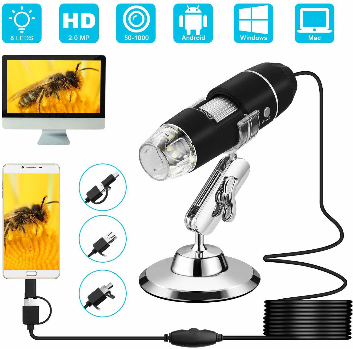Image of microware 3 in 1 50 to 1000x Magnification USB Digital Microscope, Endoscope with 2.0MP Camera 8 LEDs Stand Holder for Android Phone Tablet, Windows and MacBook OS Computer Cross-polarised Light Dermatoscope