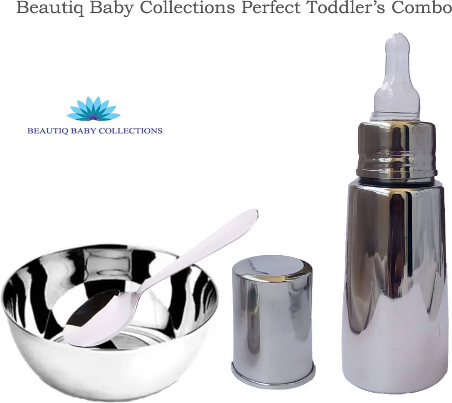 Beautiq Baby Collections Stainless Steel Baby 3Pc Dining Set (Bowl, Spoon and 150ML Feeding Bottle)  - 304 Food Grade Stainless Steel