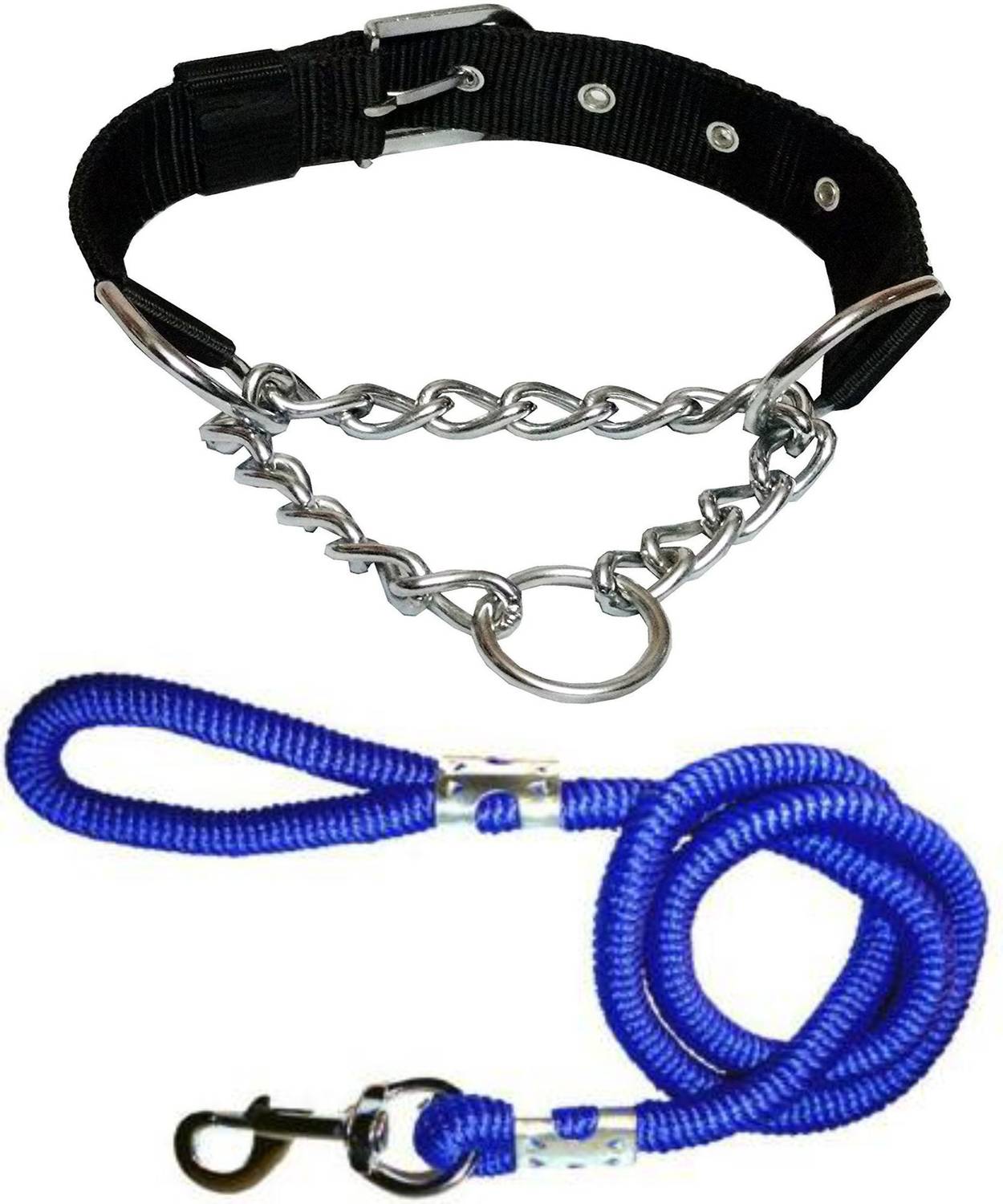 BODY BUILDING Dog Belt Combo of Black Choke Collar with Blue Lead 1.5m Lengthy Dog Collar & Leash