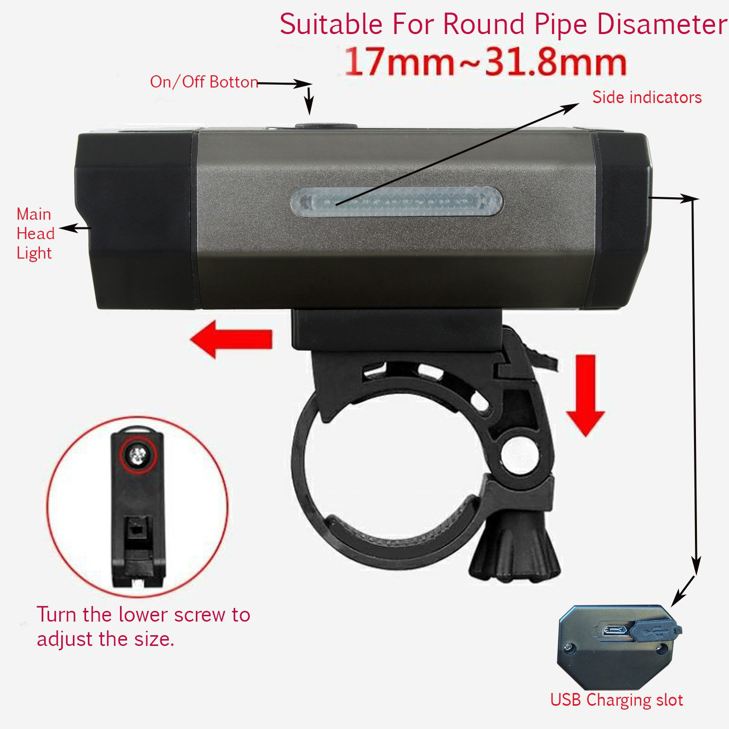 Image of TUHI NEW LED Bike Light Bicycle Waterproof Super Brightest 800 lm Rechargeable Battery LED, LED Front Light (Grey)