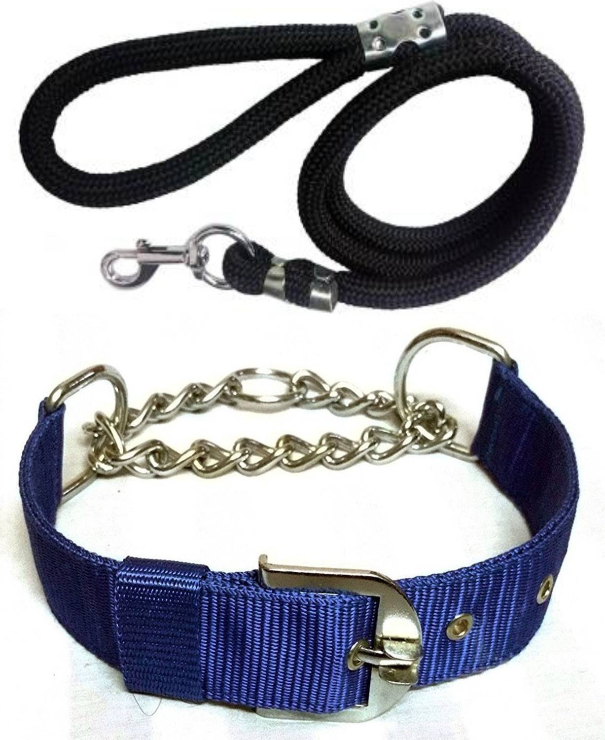 BODY BUILDING Good Quality Dog Belt Combo of Blue Choke Collar with Black Lead 1.5m Lengthy Dog Collar & Leash