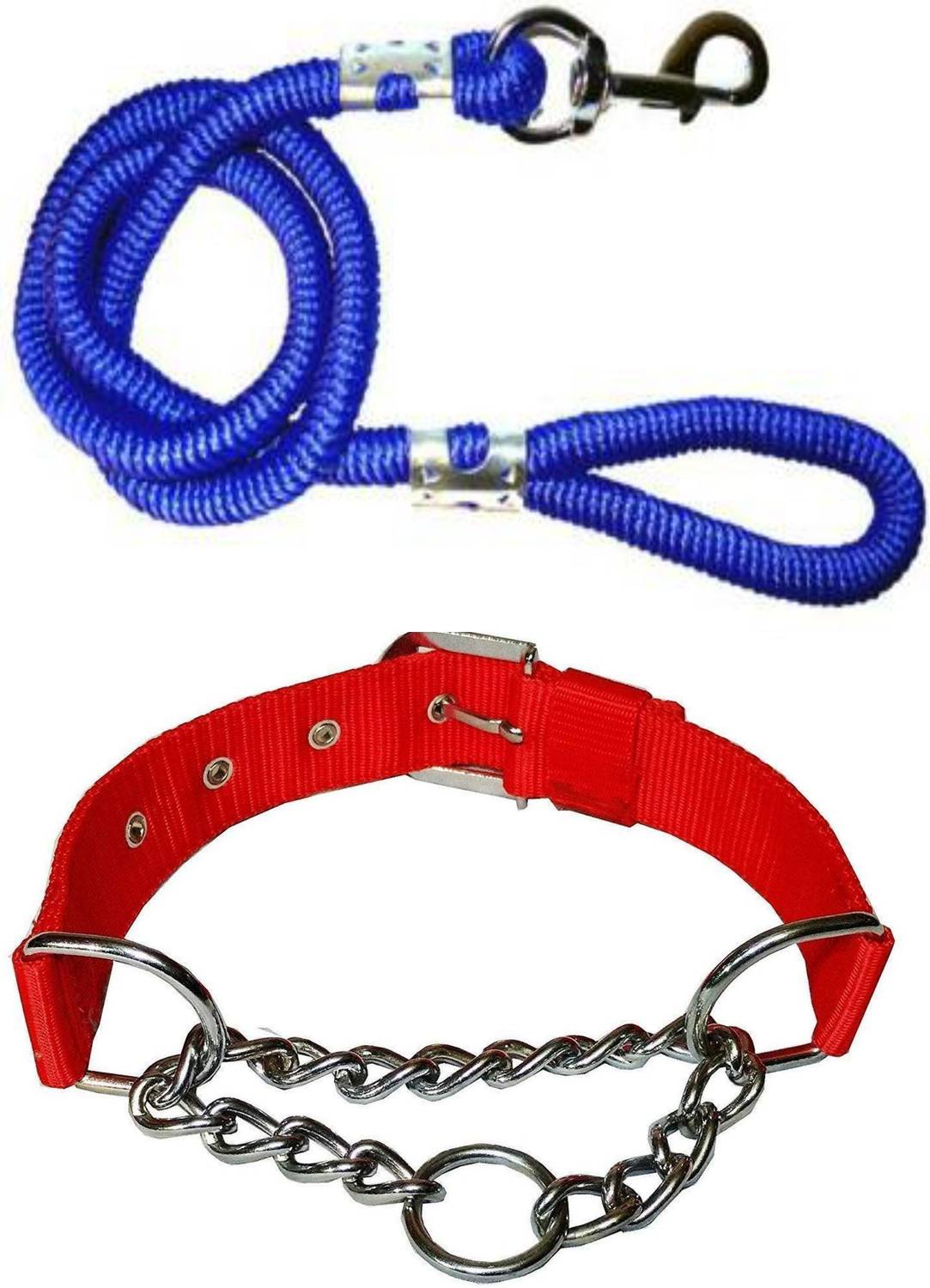 ADIOS Good Quality Dog Belt Combo of Red Choke Collar with Blue Lead 1.5m Lengthy Dog Collar & Leash