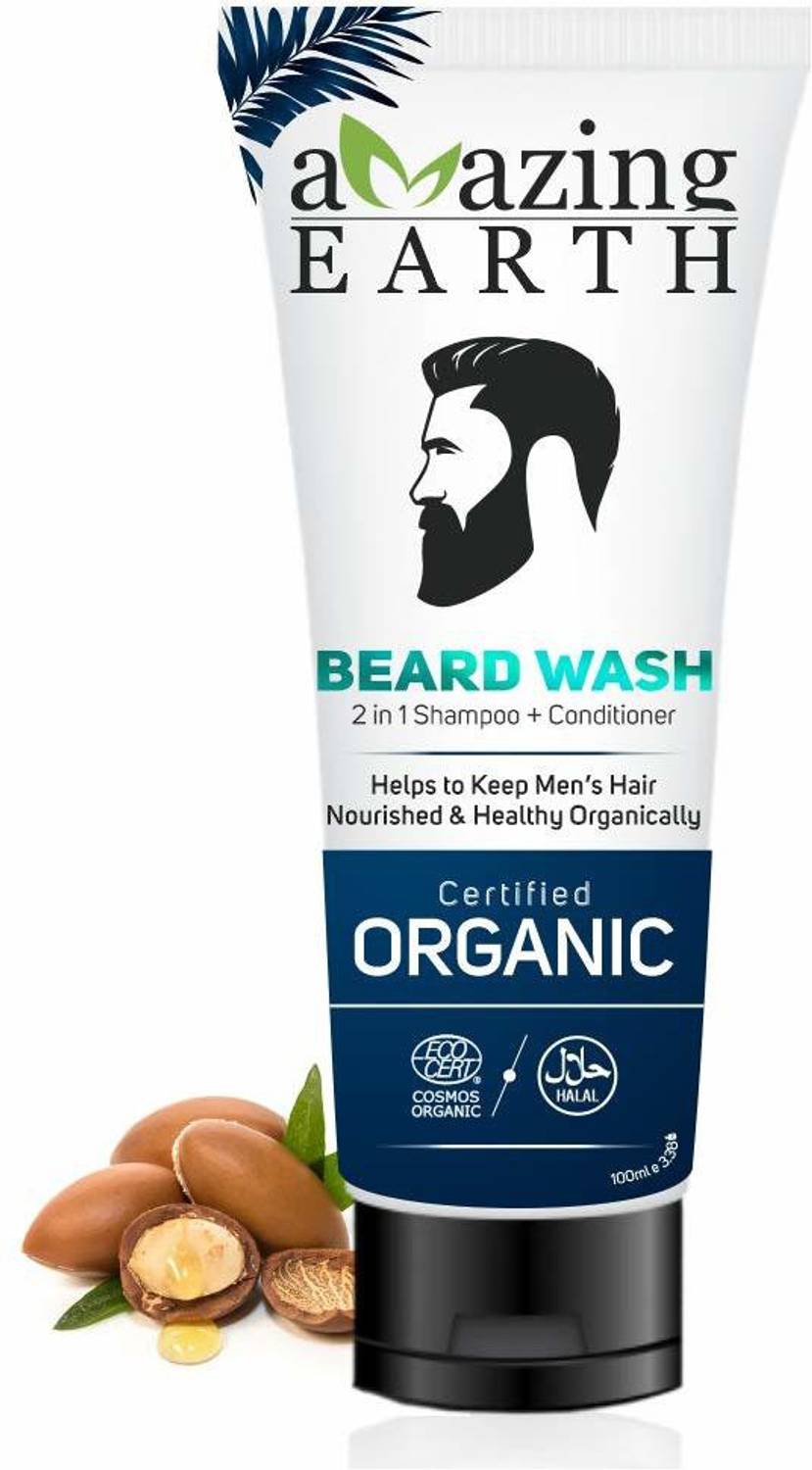 Amazing Earth Beard Wash for Men - Certified Organic, 2 in 1 Cleaning + Conditioning, Hard Curly Beard, Sulphate & Paraben Free, Natural & Vegan - 100ml