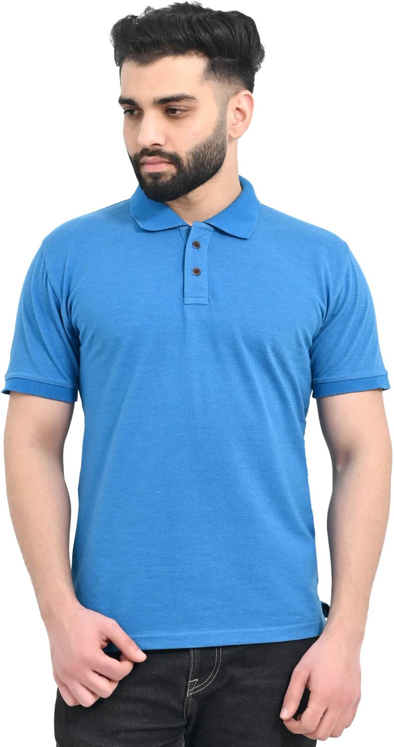 aarbee Solid Men Polo Neck Blue T-Shirt