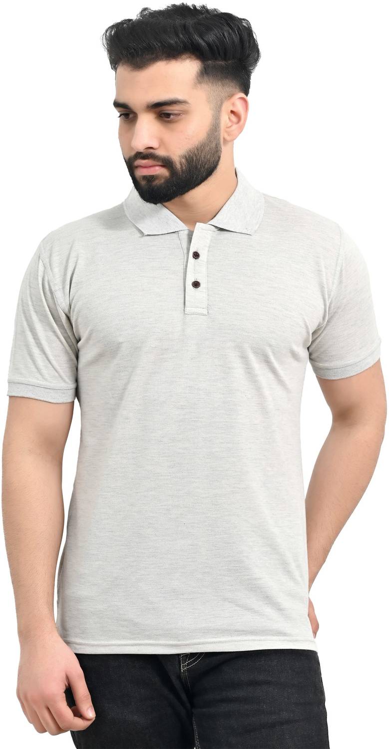 aarbee Solid Men Polo Neck Grey T-Shirt
